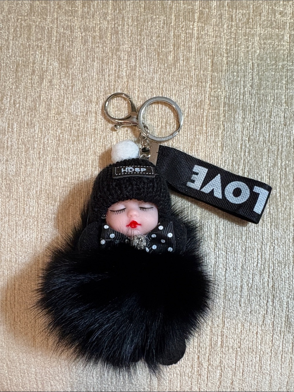 Source Unknown Black Pom-Pom Doll Keychain with LOVE Strap